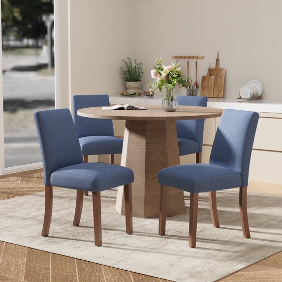 EOP Upholstered Dining Chairs Set of 4, Linen Fabric Dining Side Chairs, Farmhouse Dining Room Chairs, Stylish Kitchen Chairs with Solid Wood Legs and Padded Seat, Blue