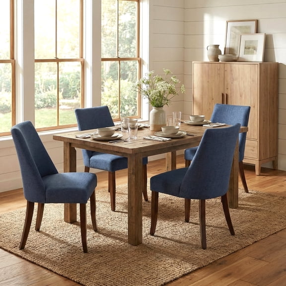EOP Upholstered Dining Chairs Set of 4, Mid Century Modern Fabric Side Chairs with Solid Wood Legs, Comfortable Kitchen & Dining Room Chairs for Home, Restaurant Use, Blue