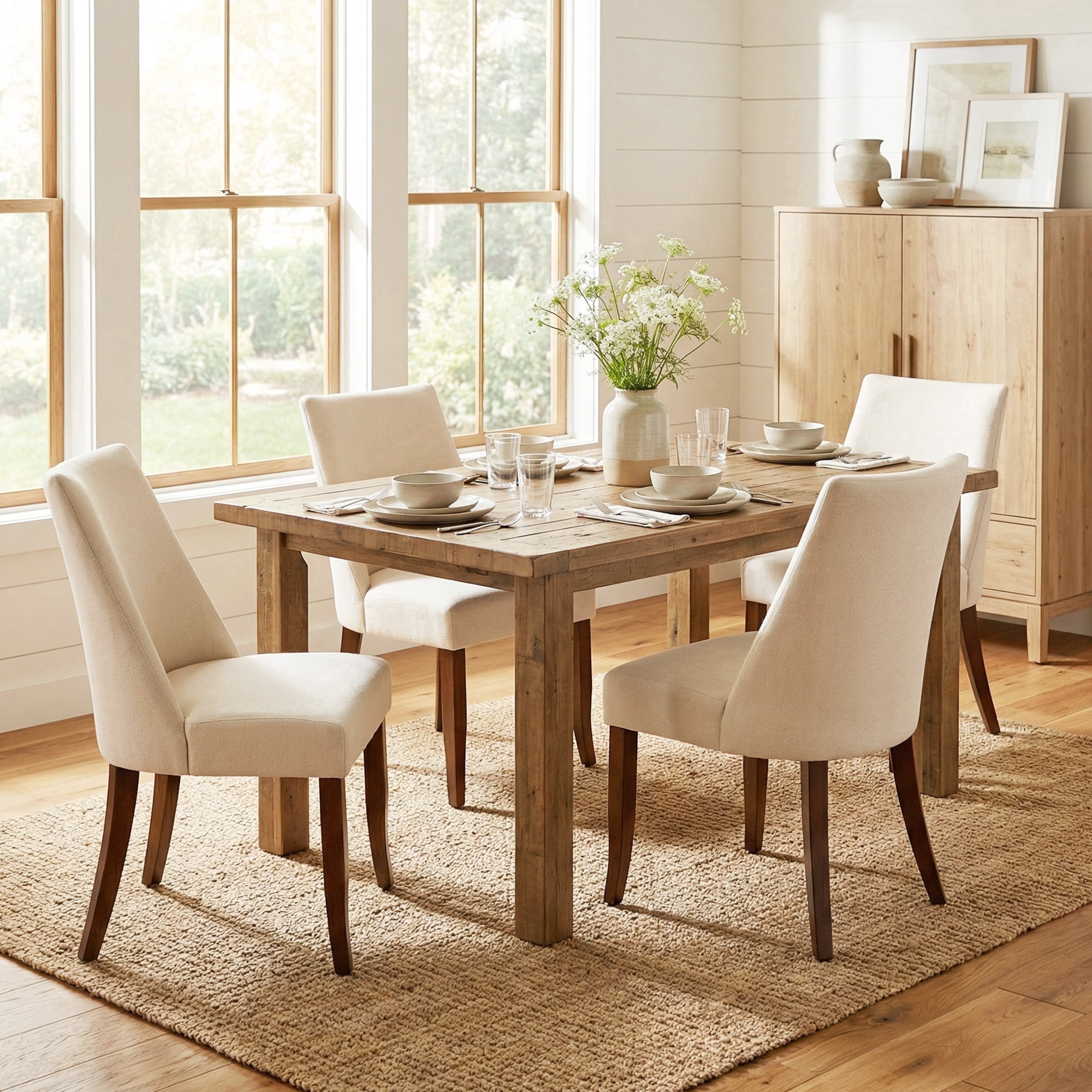 EOP Upholstered Dining Chairs Set of 4, Mid Century Modern Fabric Side Chairs with Solid Wood Legs, Comfortable Kitchen & Dining Room Chairs for Home, Restaurant Use, Beige