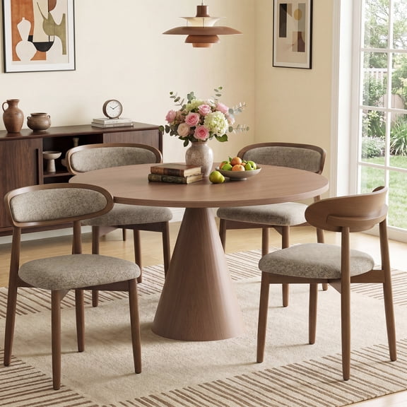 EOP Mid-Century Wooden Dining Chairs Set of 4, Farmhouse Upholstered Kitchen Dining Chairs with Curved Back, Modern Fabric Side Dining Chair for Dining Room, Restaurant, Camel