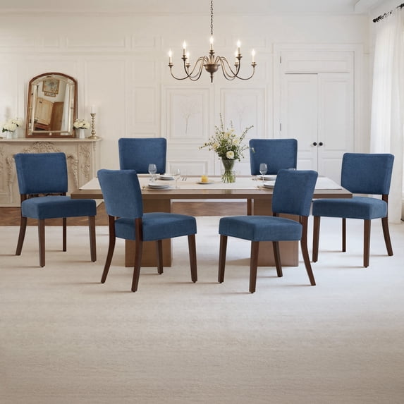 EOP Upholstered Dining Chairs Set of 6, Farmhouse Fabric Dining Room Chairs with Backrest , Modern Dining Side Chairs with Wooden Legs, Armless Kitchen Chairs, Blue