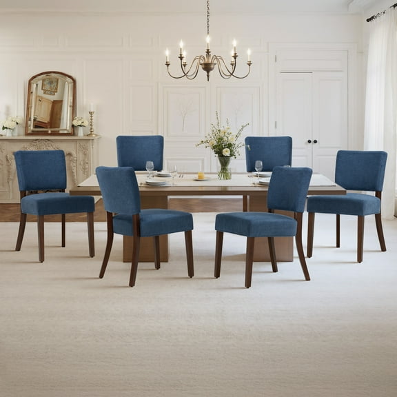 EOP Upholstered Dining Chairs Set of 6, Farmhouse Fabric Dining Room Chairs with Backrest , Modern Dining Side Chairs with Wooden Legs, Armless Kitchen Chairs, Blue
