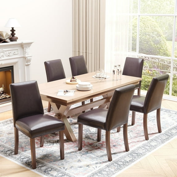 EOP Upholstered Dining Chairs Set of 6, Faux Leather Dining Side Chairs, Farmhouse Dining Room Chairs, Stylish Kitchen Chairs with Solid Wood Legs and Padded Seat, Dark Brown