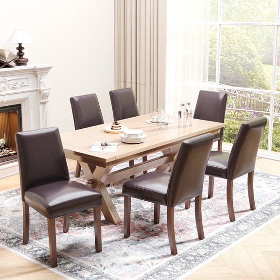 EOP Upholstered Dining Chairs Set of 6, Faux Leather Dining Side Chairs, Farmhouse Dining Room Chairs, Stylish Kitchen Chairs with Solid Wood Legs and Padded Seat, Dark Brown