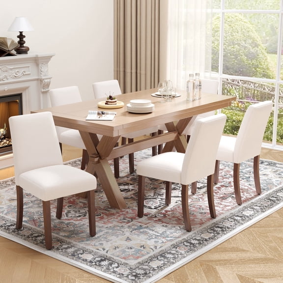 EOP Upholstered Dining Chairs Set of 6, Linen Fabric Dining Side Chairs, Farmhouse Dining Room Chairs, Stylish Kitchen Chairs with Solid Wood Legs and Padded Seat, White