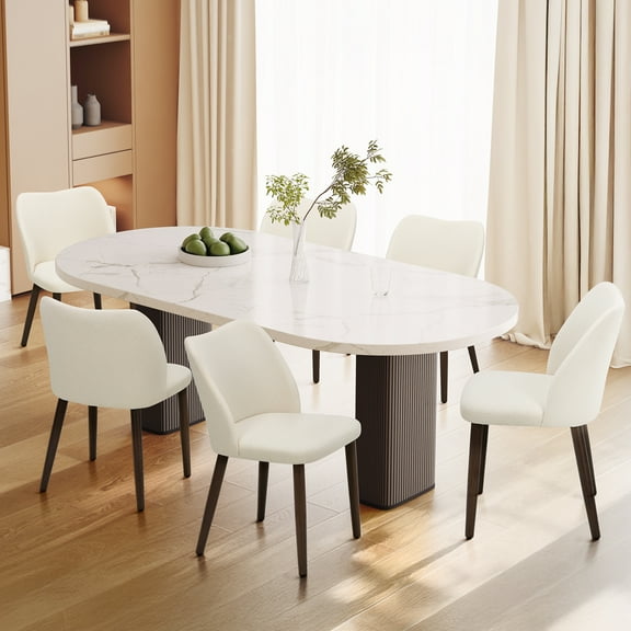 EOP Upholstered Dining Chairs Set of 6, Mid Century Modern Dining Room Chairs, Fabric Farmhouse Dining Side Chairs with Wood Legs, Armless Kitchen Chairs with Wingback, Beige