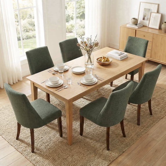 EOP Upholstered Dining Chairs Set of 6, Mid Century Modern Fabric Side Chairs with Solid Wood Legs, Comfortable Kitchen & Dining Room Chairs for Home, Restaurant Use, Green