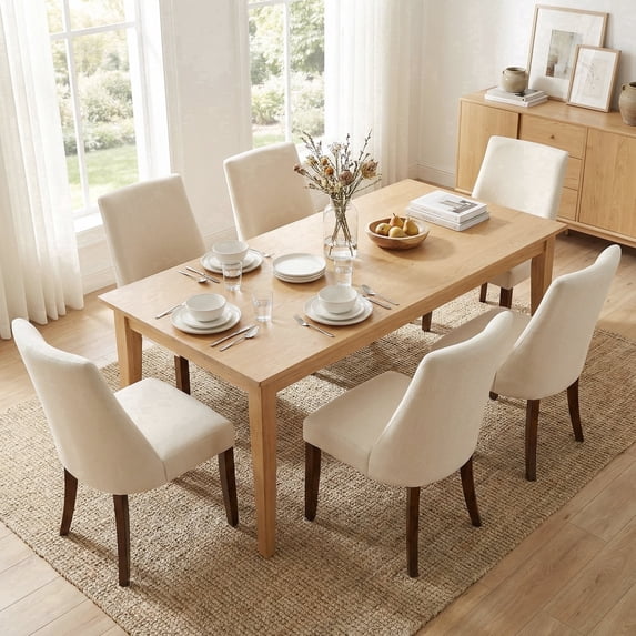 EOP Upholstered Dining Chairs Set of 6, Mid Century Modern Fabric Side Chairs with Solid Wood Legs, Comfortable Kitchen & Dining Room Chairs for Home, Restaurant Use, Beige