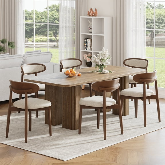 EOP Upholstered Dining Chairs Set of 6, Modern Farmhouse Kitchen Side Chairs with Solid Wood Legs, Ergonomic Curved Backrest Dining Room Chairs for Restaurant & Cafe, Beige