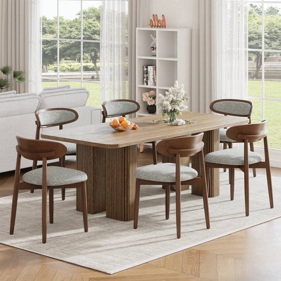 EOP Mid-Century Wooden Dining Chairs Set of 6, Farmhouse Upholstered Kitchen Dining Chairs with Curved Back, Modern Fabric Side Dining Chair for Dining Room, Restaurant, Light Gray