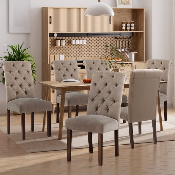 EOP Upholstered Dining Chairs Set of 6, Parsons Fabric Kitchen Chairs with Padded Seat, Button Tufted Armless Dining Side Chairs with Wood Legs, Taupe