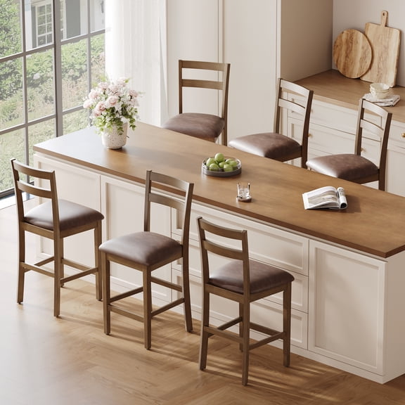 EOP Wood Bar Stools Set of 6, PU Leather Upholstered Bar Chairs with Slat Back, Count Height Barstools with Footrest for Kitchen Island, Dark Brown
