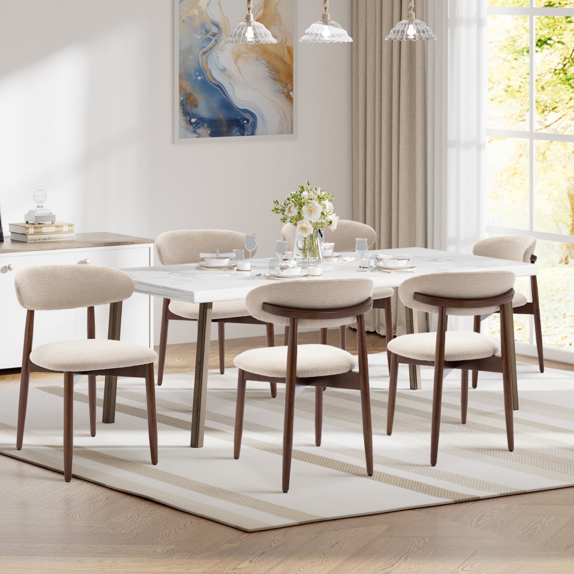 EOP Wooden Dining Chairs Set of 6, Farmhouse Kitchen Side Chairs with Foot Pegs, Mid-Century Modern Fabric Upholstered Dining Room Chairs for Kitchen, Dining Room, Beige