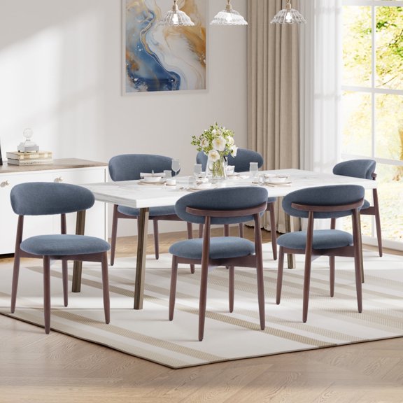 EOP Wooden Dining Chairs Set of 6, Farmhouse Kitchen Side Chairs with Foot Pegs, Mid-Century Modern Fabric Upholstered Dining Room Chairs for Kitchen, Dining Room, Blue