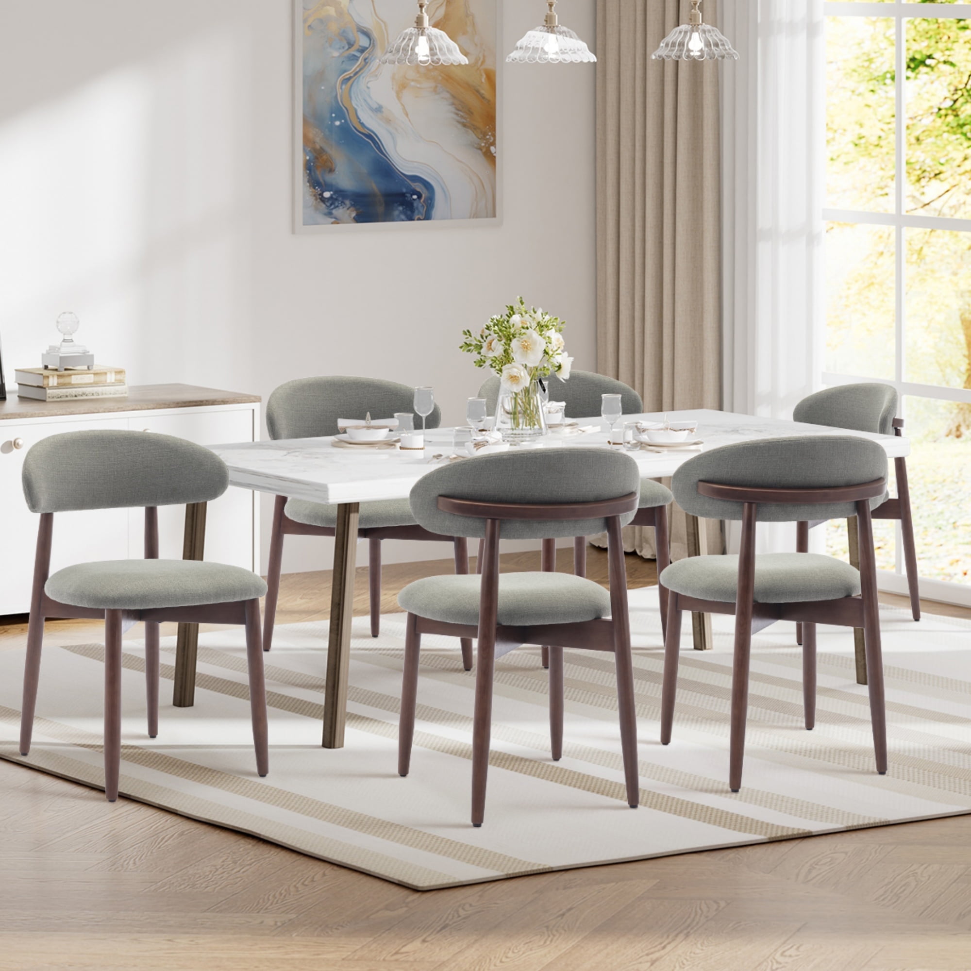 EOP Wooden Dining Chairs Set of 6, Farmhouse Kitchen Side Chairs with Foot Pegs, Mid-Century Modern Fabric Upholstered Dining Room Chairs for Kitchen, Dining Room, Green