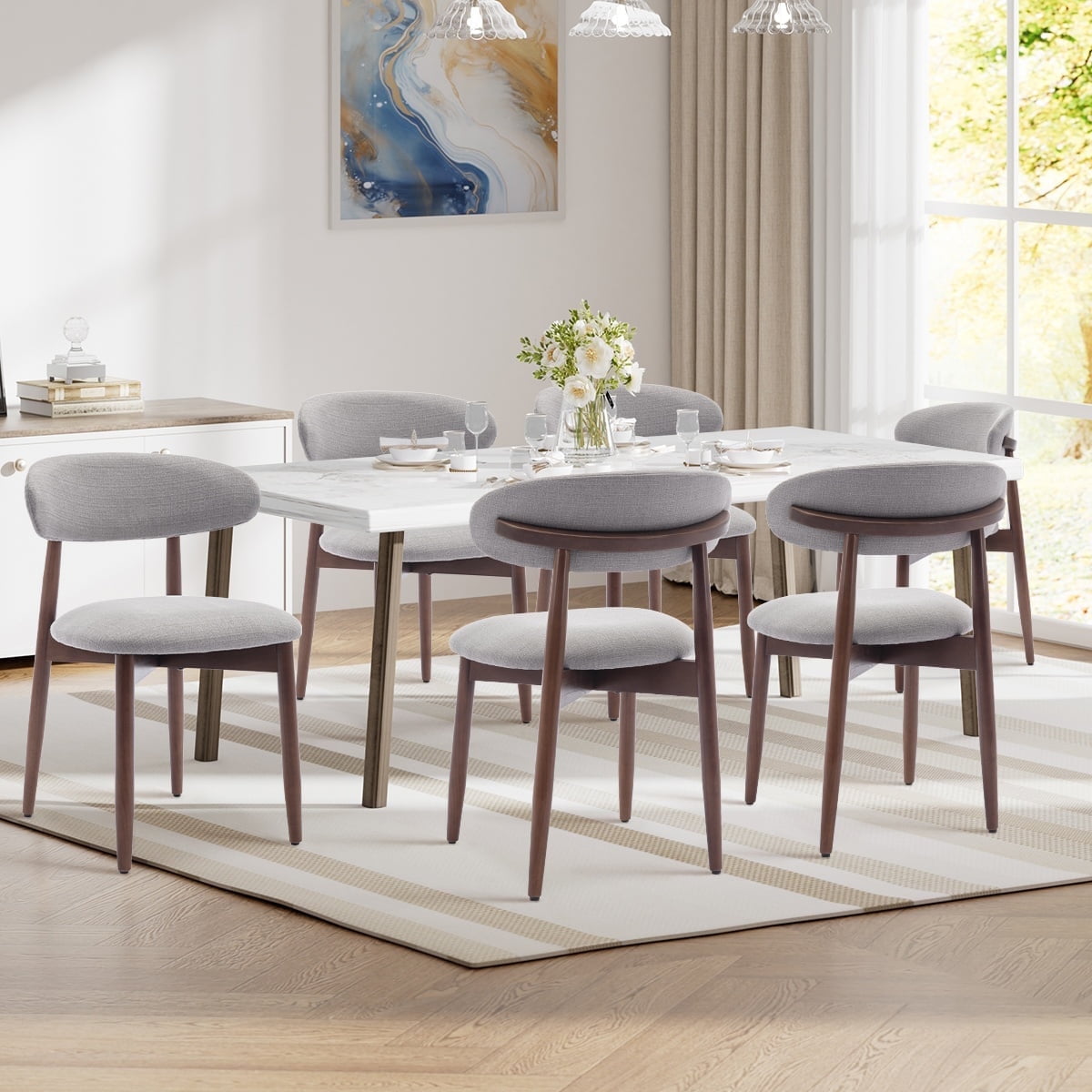 EOP Wooden Dining Chairs Set of 6, Farmhouse Kitchen Side Chairs with Foot Pegs, Mid-Century Modern Fabric Upholstered Dining Room Chairs for Kitchen, Dining Room, Light Gray