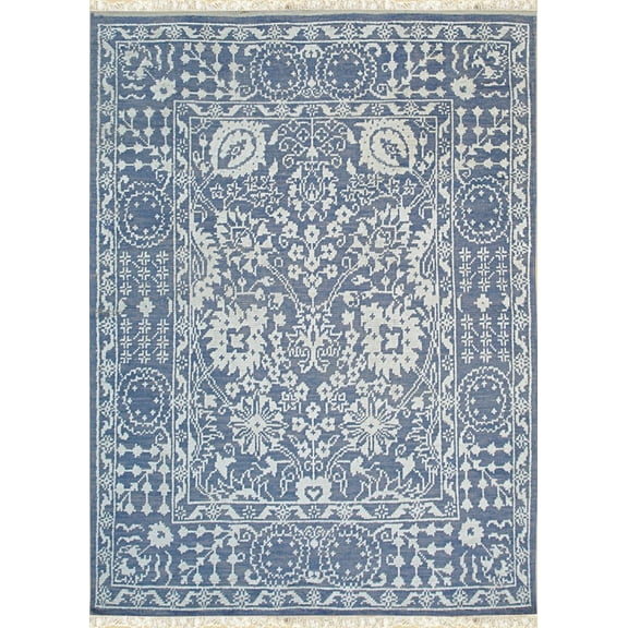 EORC BLUE Hand Knotted Wool/Bamboo Silk Traditional Agra Rug, 6' x 9'