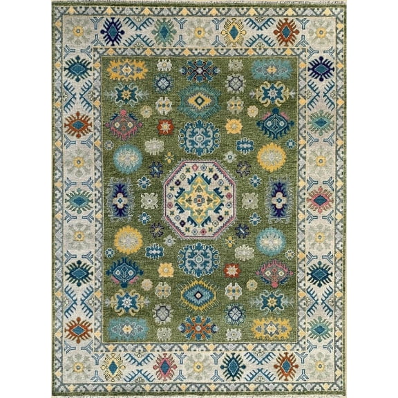 EORC LT.GREEN / Beige Hand Knotted Wool Traditional Kazak Collection Rug, 8' x 10'-Color:lt.green / beige,Material:Wool