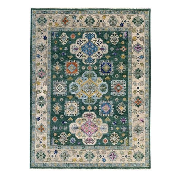 EORC Dark Green / Beige Hand Knotted Wool Traditional Traditional Knot Rug, 9' x 12'-Color:dark green / beige,Material:Wool