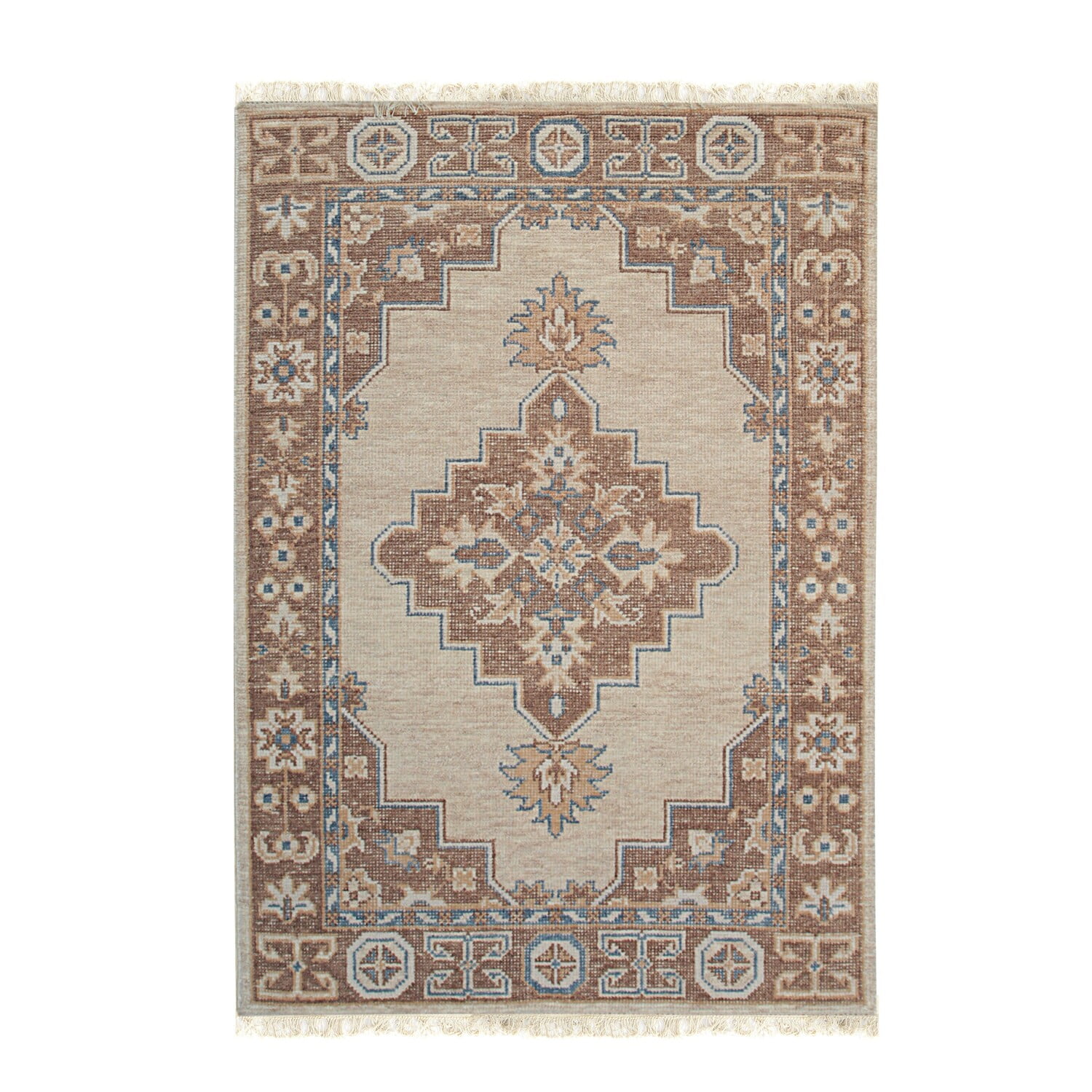 Elegant Beige Hand-Knotted Wool Oriental Area Rug, 8' x 10'