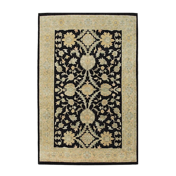 EORC Black Hand Knotted Wool Traditional Agra Rug, 5'6 X 8'3