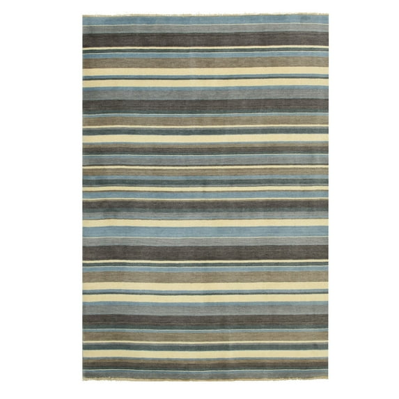 EORC Blue/Brown Handmade Wool Transitional Striped Rug, 2' x 3'-Color:Blue/Brown,Material:Wool