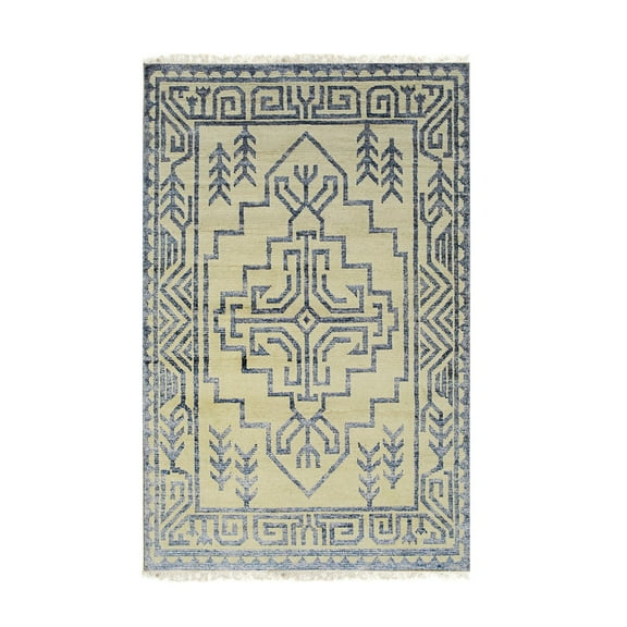 EORC Blue Hand Knotted WOOL/B.SILK Transitional Modern Sik Knotted Rug, 6' x 9'