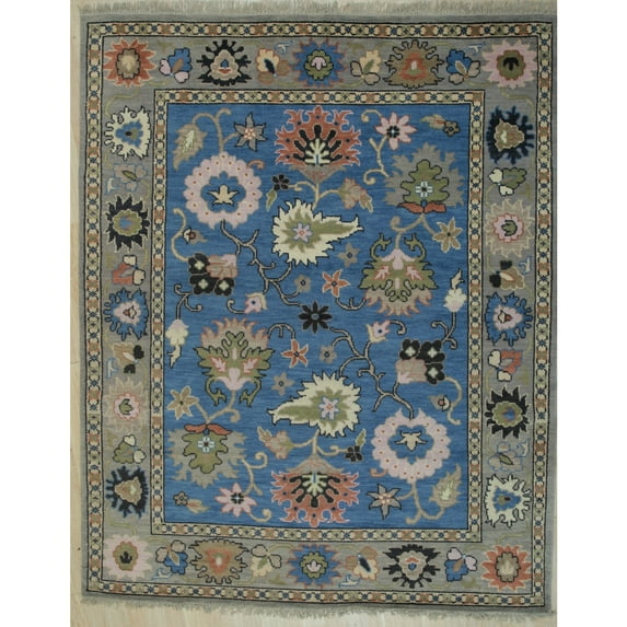 EORC Blue Hand Knotted Wool Traditional Colorful Mahal Classic Rug, 8' X 10'
