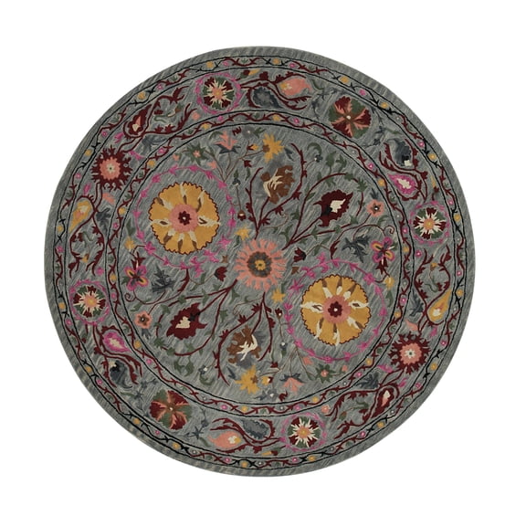 EORC Blue Hand-Tufted Wool Traditional Suzani Rug, 6' Round-Color:Blue,Material:Wool