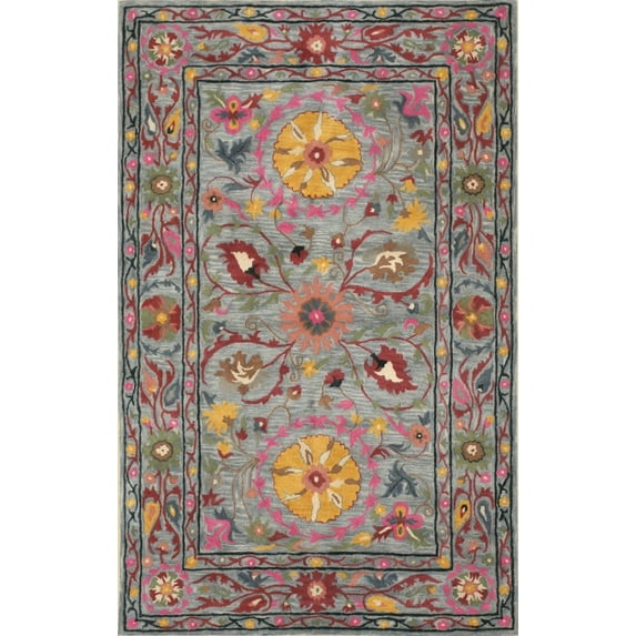EORC Blue Hand-Tufted Wool Traditional Suzani Rug, 7'9 x 9'9-Color:Blue,Material:Wool