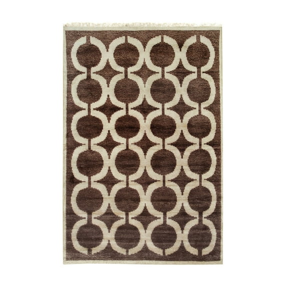 EORC Brown Hand Knotted WOOL/B.SILK Geometric Modern Sik Knotted Rug, 6' x 9'