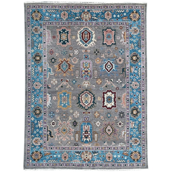 EORC Gray / E.BLUE Hand Knotted Wool Traditional Colorful Mahal Classic Rug, 8' x 10