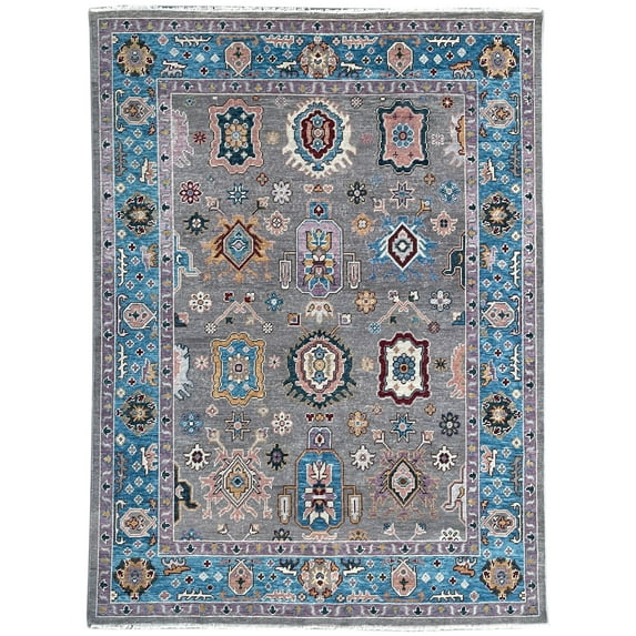 EORC Gray / E.BLUE Hand Knotted Wool Traditional Colorful Mahal Classic Rug, 8' x 10