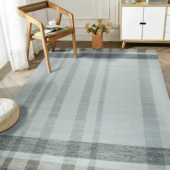EORC Gray Hand-Knotted Wool Contemporary Flat Modern Plaid Area Rug