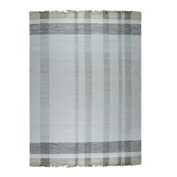 EORC Gray Hand-Knotted Wool Contemporary Flat Modern Plaid Area Rug
