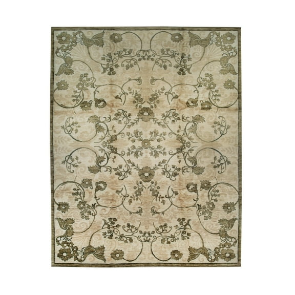 EORC Ivory Handmade Afghan Wool Transitional Turkish Knot Rug, 9'1 x 11'7