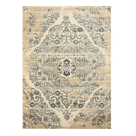 EORC Ivory Machine-made Polypropylene Traditional Distressed Bohemian Isabella Medallion Rug, 7'10 x 9'10