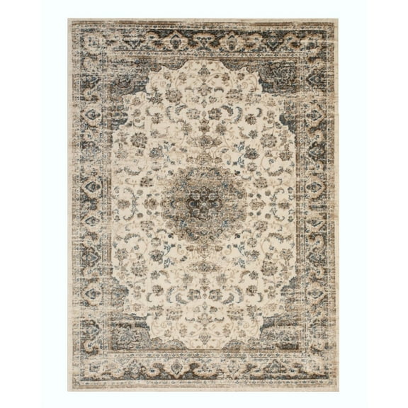 EORC Ivory Polypropylene Traditional Distressed Bohemian Isabella Medallion Rug