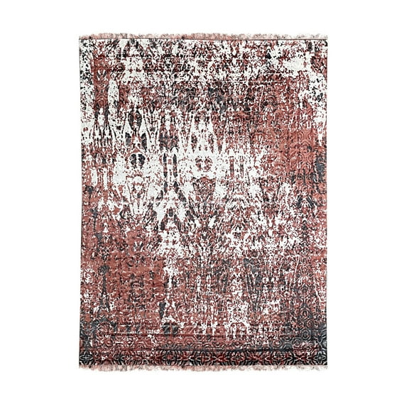 EORC Ivory / Red Hand Knotted Wool Transitional Modern Rug, 7' x 9'