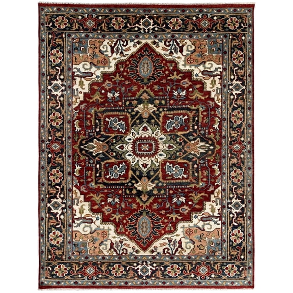 EORC Red / Navy Hand Knotted Wool Traditional Serapi Rug, 9' x 12'-Color:red / navy,Material:Wool