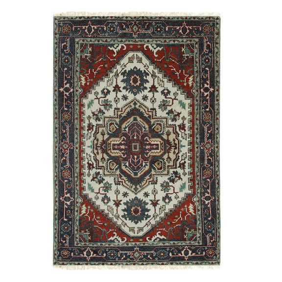 EORC Navy/ Ivory Hand Knotted Wool Traditional Serapi Rug, 9' x 12'