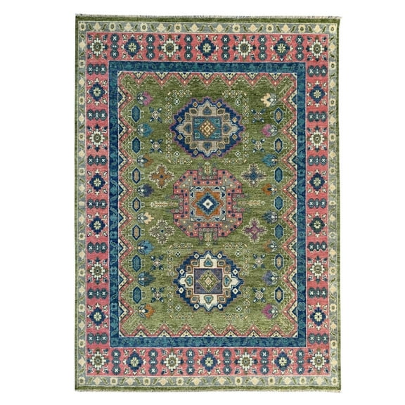 EORC P.Green / LT.FUSHIA Hand Knotted Wool Traditional Kazak Collection Rug, 9' x 12'