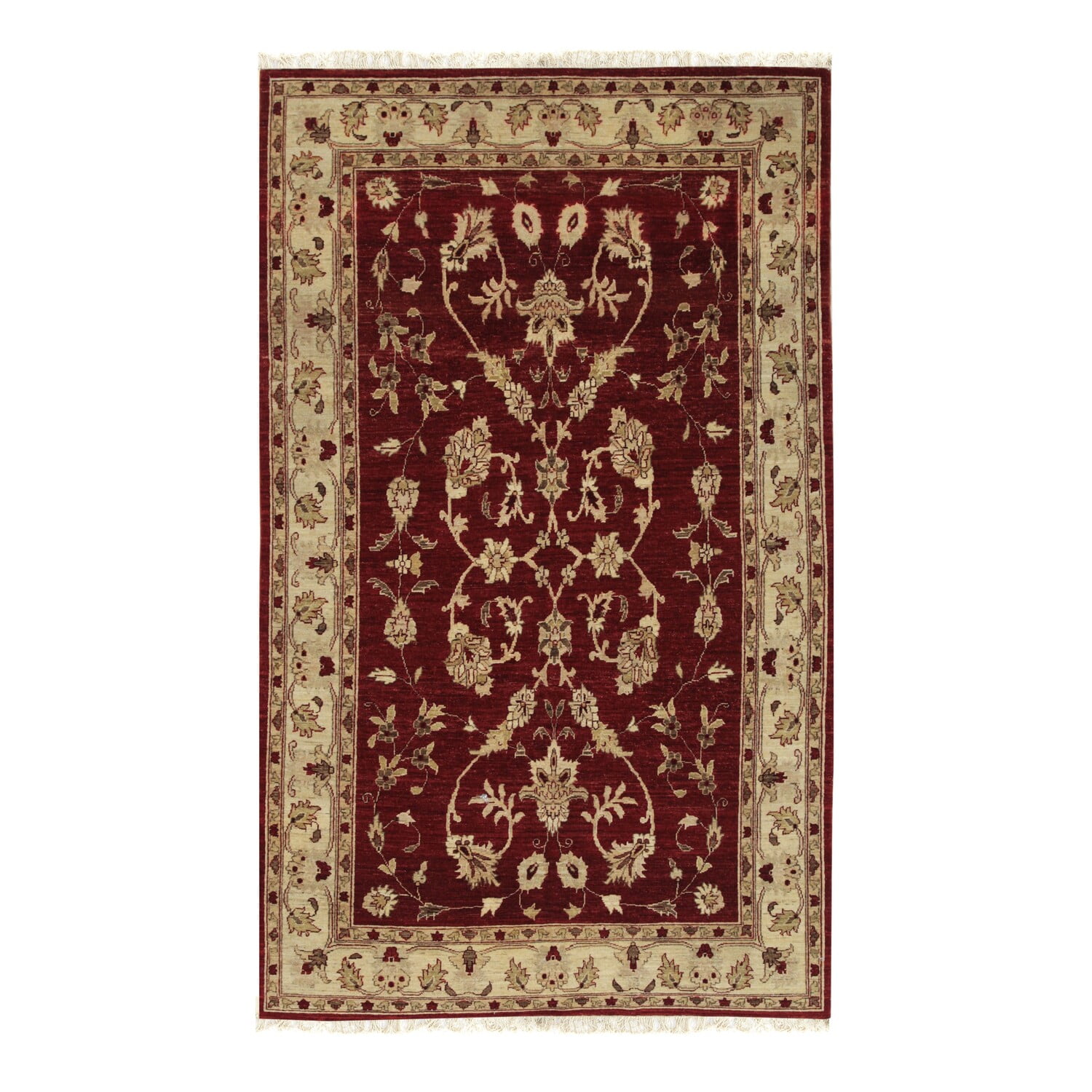 Red and Beige Hand-Knotted Wool Floral 6' x 9' Rug