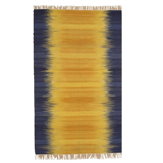 Yellow and Blue Reversible Handmade Wool Flatweave Rug 9x12 - Eorc-Color:Blue,Material:Wool