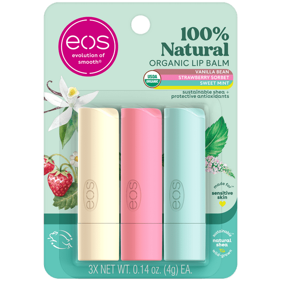 eos 100% Natural & Organic Lip Balm- Strawberry, Mint, Vanilla - 0.14 oz, 3 pack