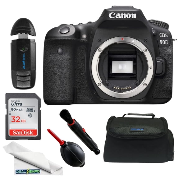 EOS 90D DSLR Camera Body + DealExpo Holiday Bundle (Camera Bag, 32GB SD Card, Card Reader, Cleaning Kit)