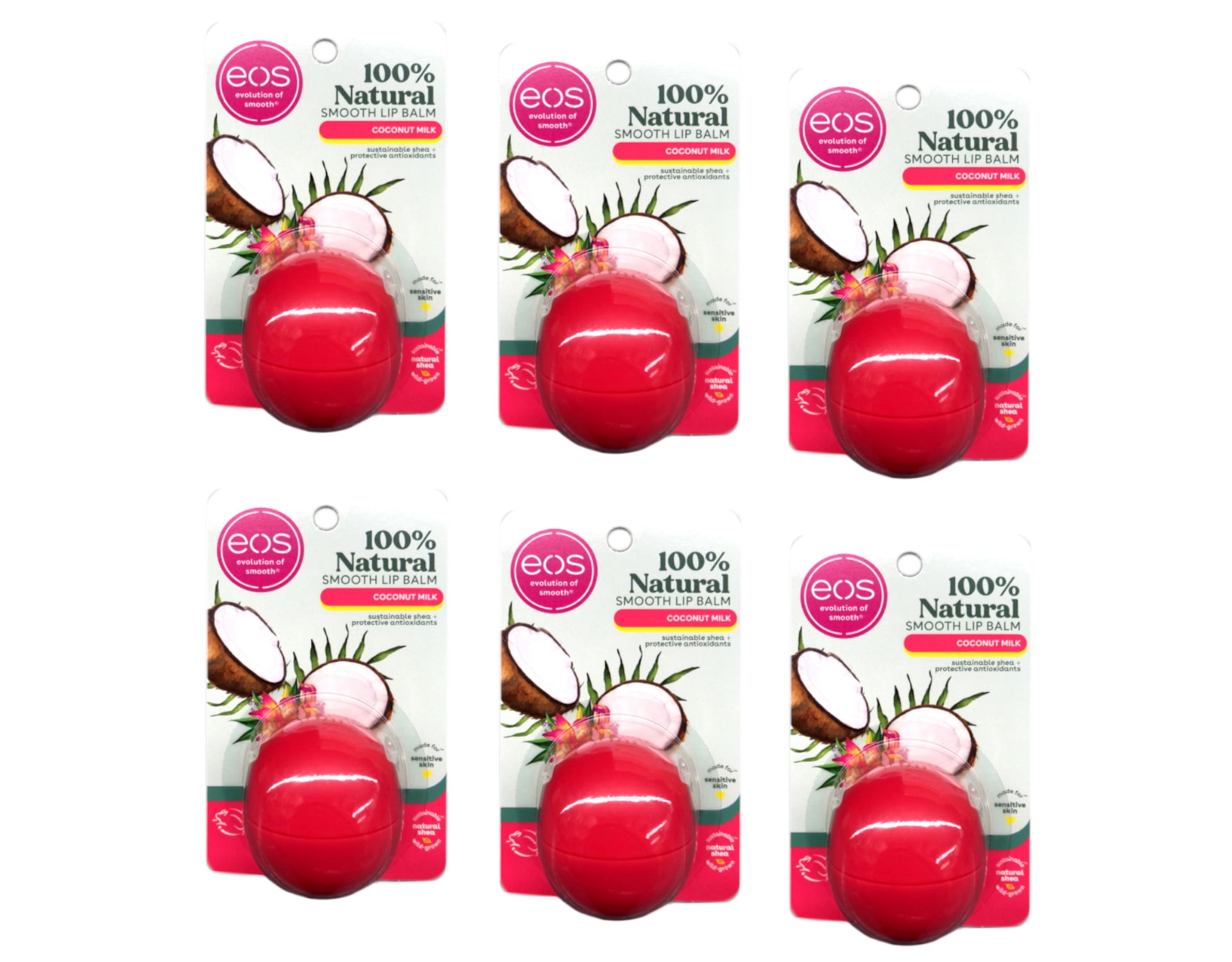 eos 100% Natural Smooth Lip Balm Coconut Milk Sphere All Day Moisture 0.25 oz (Pack of 6)