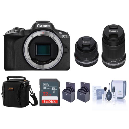 Canon EOS R50 Camera, Black with RF-S 18-45mm f/4.5-6.3, RF-S 55-210mm f/5-7.1 Lens, 32GB SD Card, Shoulder Bag, 55mm and 49mm Filter Kit, Cleaning Kit