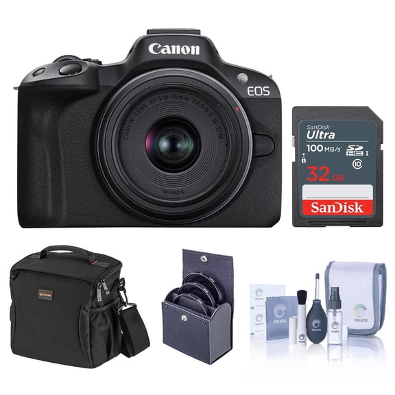 Canon EOS R50 Mirrorless Camera, Black with RF-S 18-45mm f/4.5-6.3 IS STM Lens, 32GB SD Card, Shoulder Bag, 49mm Filter Kit, Cleaning Kit