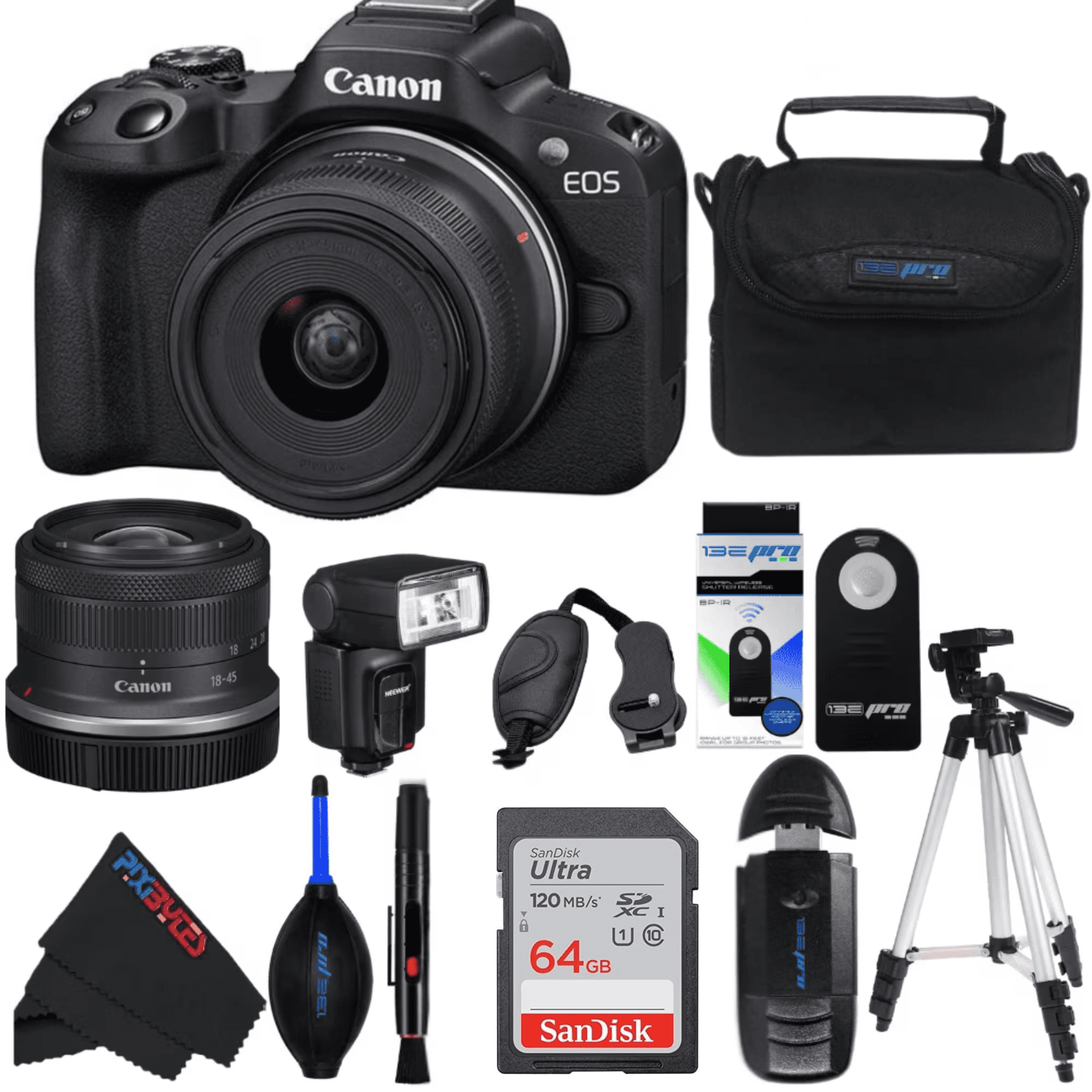 Pixibytes EOS R50 24.2 MP APS-C CMOS Sensor Mirrorless Camera with Bundle with 2x SanDisk 64GB Ultra SDHC Memory Card, Black, 1